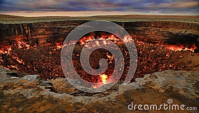 The Karakum Desert. Turkmenistan. Darvaza. Burning gas crater called Stock Photo