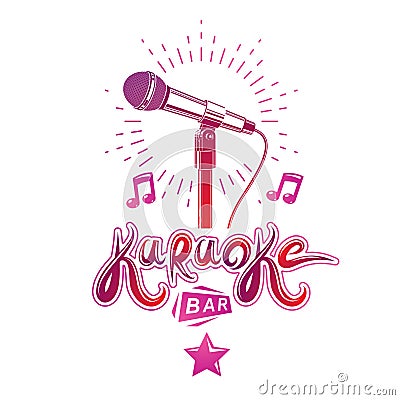 Karaoke bar lettering, conceptual emblem composed using microphone multimedia audio equipment and musical notes. Live music Vector Illustration