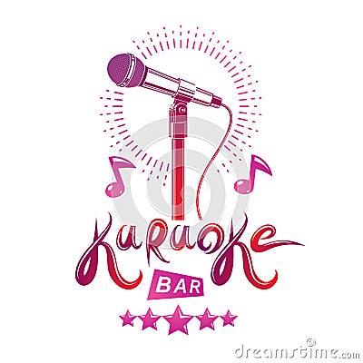 Karaoke bar lettering, conceptual emblem composed using microphone multimedia audio equipment and musical notes. Live music Vector Illustration