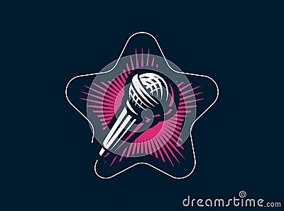 Karaoke club. Design microphone on star. Vector template for emblem. Vector Illustration