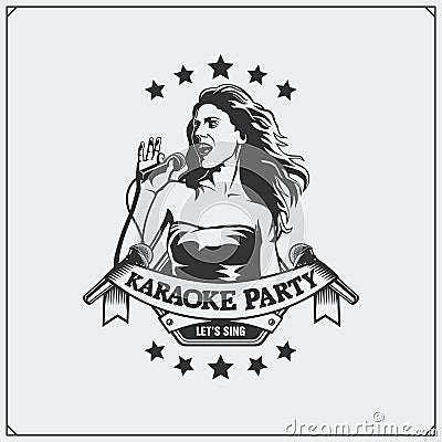 Karaoke Club emblem. Girl singing. Vector Illustration