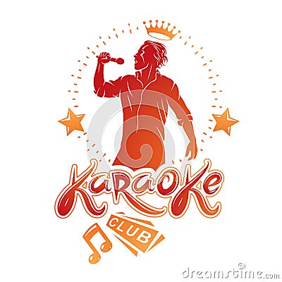 Karaoke club flyers vector cover design created using musical notes, stars and soloist singing to microphone. Emcee show Vector Illustration