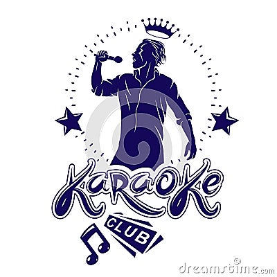 Karaoke club flyers vector cover design created using musical notes, stars and soloist singing to microphone. Emcee show Vector Illustration