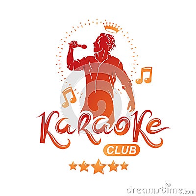 Karaoke club flyers vector cover design created using musical notes, stars and soloist singing to microphone. Emcee show Vector Illustration