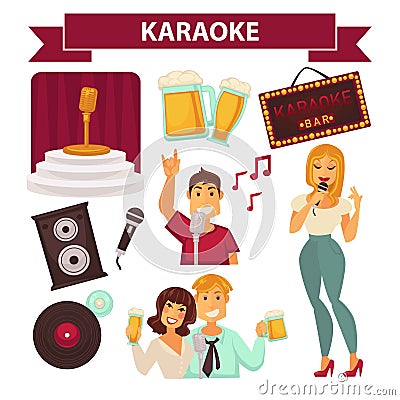 Karaoke club party icon attributes poster on white Vector Illustration