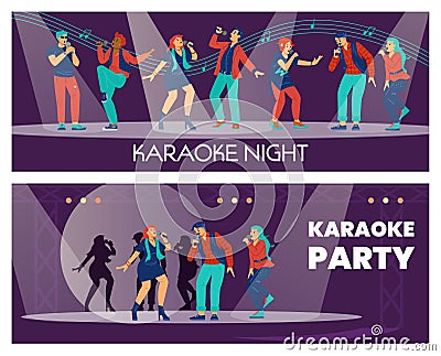 Karaoke club posters set with cartoon characters, flat vector illustration. Vector Illustration