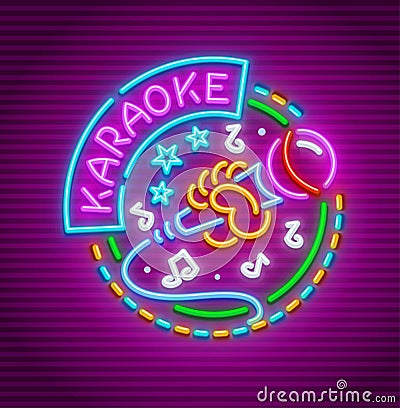 Karaoke club for singing with microphone neon Vector Illustration