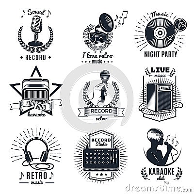 Karaoke Elements Monochrome Vintage Emblems Vector Illustration