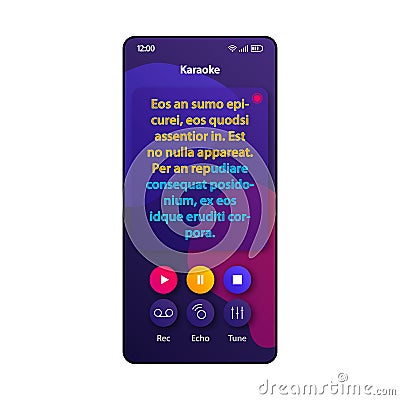 Karaoke fun smartphone interface vector template. Mobile app page violet design layout. Song lyrics, text screen. Flat Vector Illustration