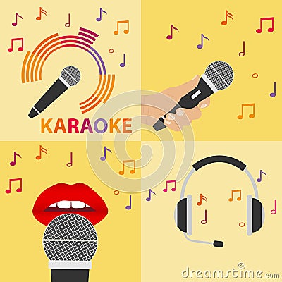 Karaoke microphone, microphone in hand, headphones Vector Illustration