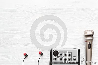 Karaoke. Microphone. Sound recording studio background. Song lyrics copy space. Stock Photo