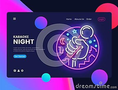 Karaoke Neon Horizontal Web Banner Vector. Live Music Advertising banner web interface in modern trend design, neon Vector Illustration