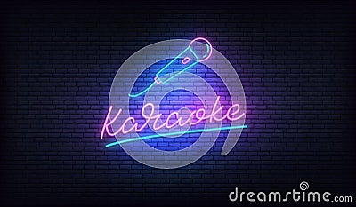 Karaoke neon. Neon label with microphone and Karaoke lettering Vector Illustration