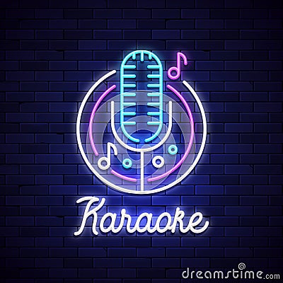 Karaoke neon night bar. Mocrophone karaoke logo sign disco music, neon light retro club sign Vector Illustration