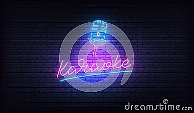 Karaoke neon sign. Neon label with microphone and Karaoke lettering Vector Illustration
