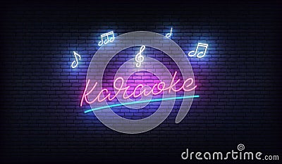 Karaoke neon. Neon sign with music notes and Karaoke lettering Vector Illustration