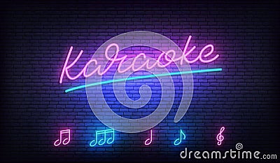 Karaoke neon template. Neon sign with Karaoke lettering and music notes Vector Illustration