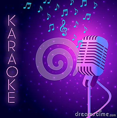 Karaoke night party vector glowing poster Vector Illustration