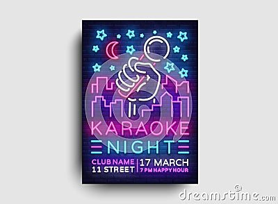 Karaoke night poster neon vector. Karaoke party design template, bright neon brochure, modern trend design, light banner Vector Illustration