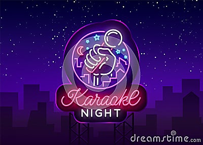 Karaoke night vector. Neon sign, luminous logo, symbol, light banner. Advertising bright night karaoke bar, party, disco Vector Illustration