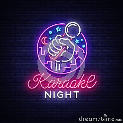 Karaoke night vector. Neon sign, luminous logo, symbol, light banner. Advertising bright night karaoke bar, party, disco Vector Illustration