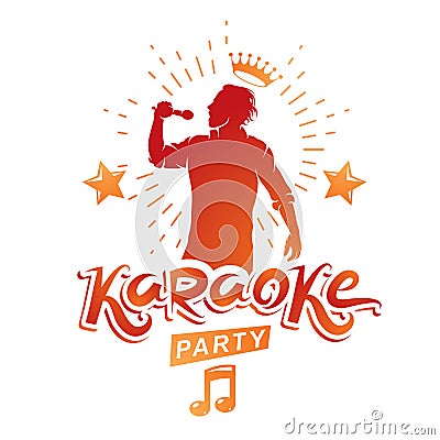 Karaoke party advertising poster composed with stage or recorder Vector Illustration