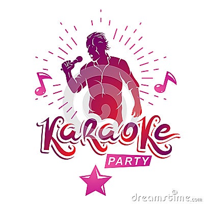 Karaoke party advertising poster composed with stage or recorder microphone vector illustration and musical notes. Superstar Vector Illustration