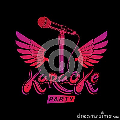 Karaoke party advertising poster, live music vector concert leaflet composed using stage microphone and wings. Feel yourself like Vector Illustration