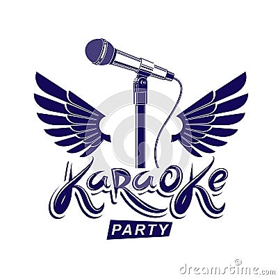 Karaoke party advertising poster, live music vector concert leaflet composed using stage microphone and wings. Feel yourself like Vector Illustration