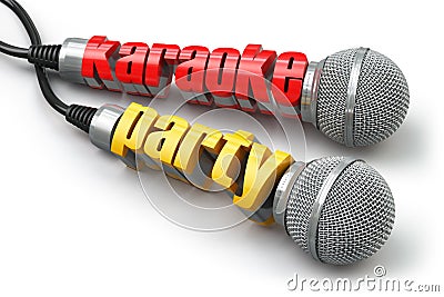 Karaoke party concept. Two microphones with text. Stock Photo