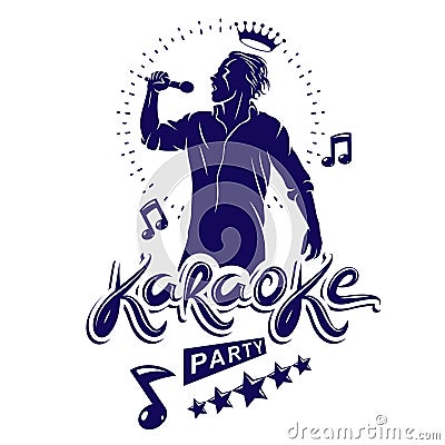 Karaoke party flyers vector cover design created using musical notes, stars and soloist singing to microphone. Emcee show Vector Illustration