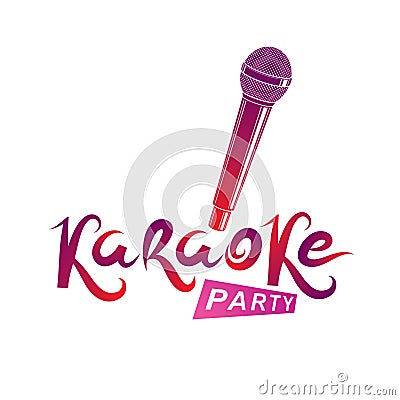 Karaoke party inscription, nightlife entertainment conceptual vector emblem created using microphone audio device. Vector Illustration