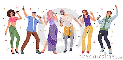 Karaoke party. Music concert. People sing with microphones. Happy singers. Talent show. Girls and guys group performance Vector Illustration
