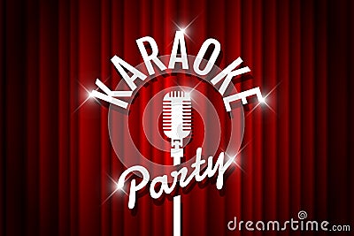 Karaoke party night live show open mic on empty theatre stage. Vintage microphone against red gradient curtain drape Vector Illustration