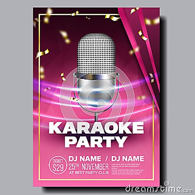 Karaoke Poster Vector. Dance Event. Karaoke Vintage Studio. Musical Record. Old Bar. Star Show. Modern Sound. Creative Vector Illustration