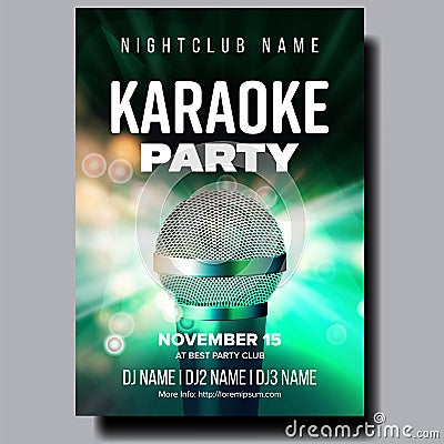 Karaoke Poster Vector. Party Flyer. Karaoke Music Night. Radio Microphone. Retro Concert. Club Background. Mic Design Vector Illustration