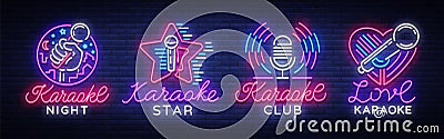 Karaoke set of neon signs. Collection is a light logo, a symbol, a light banner. Advertising bright night karaoke bar Vector Illustration