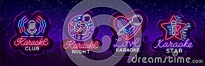 Karaoke set of neon signs. Collection is a light logo, a symbol, a light banner. Advertising bright night karaoke bar Vector Illustration