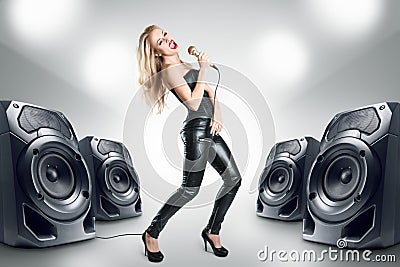 Karaoke singer at night club Stock Photo