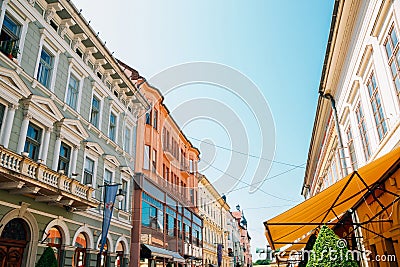 Karasz street colorful buildings in Szeged, Hungary Stock Photo