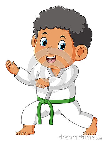 The karate boy is ready for fighting and attack the enemy Vector Illustration