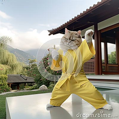 Karate Cat in a Yellow Kimono, Strong Funny Cat, Sensei Judo Master, Martial Arts Kitten Stock Photo