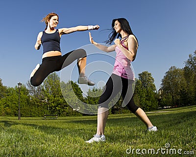 Karate fight between young girls Stock Photo