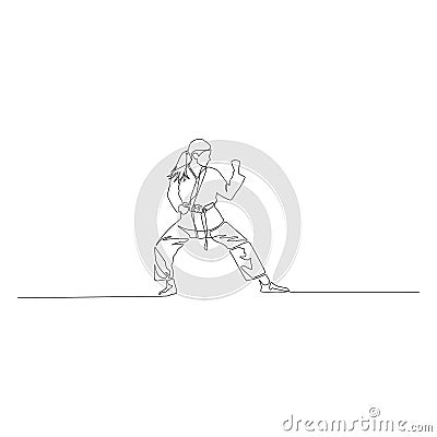 Karate girl is standing in a fighting pose continuous line drawing. Vector illustration. Vector Illustration