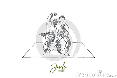 Karate or judo sparring, traditional oriental martial arts, young fighters in kimono practicing footboard Vector Illustration