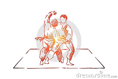 Karate or judo sparring, traditional oriental martial arts, young fighters in kimono practicing footboard Vector Illustration