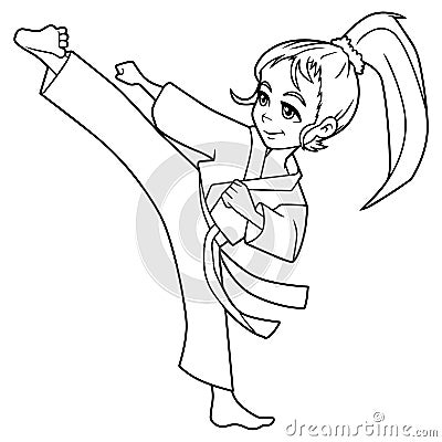 Karate Kick Girl Line Art Vector Illustration