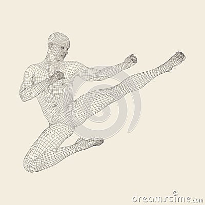 Karate and Kung Fu. Karate Jump Kick. Fighter. 3D Model of Man. Human Body. Sport Symbol. Vector Illustration