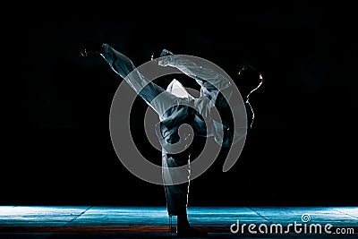 Professional karate silhouette fighter kicking. Isolated on a white background Stock Photo