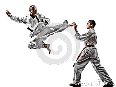 Karate men teenager student fighters fighting Stock Photo